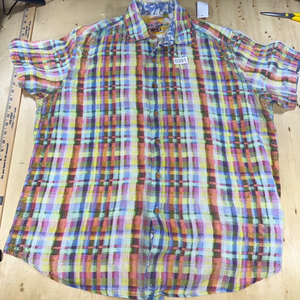 Robert Graham Mens XL Linen Plaid Short Sleeve Button Down Shirt Gold Embroidery - Picture 1 of 6